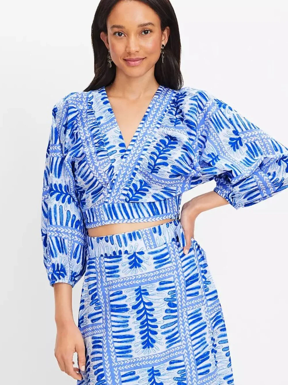XS Petite Wrap Top 100% Cotton Resort Mediterranean Fern Print Cerulean Blue